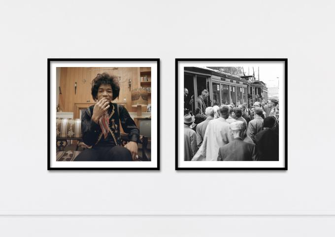Jimi Hendrix en spitsuur in de Amsterdamse tram, twee beelden uit de ANP fotowinkel die onder andere te koop zijn via de NRC Webwinkel.