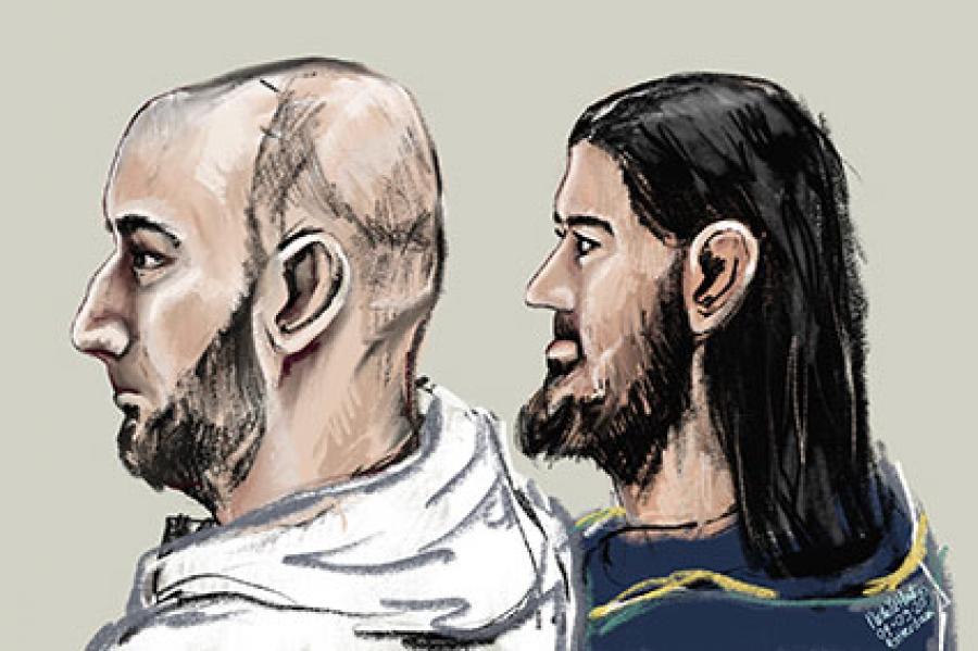 Rechtbanktekening van twee terrorismeverdachten.