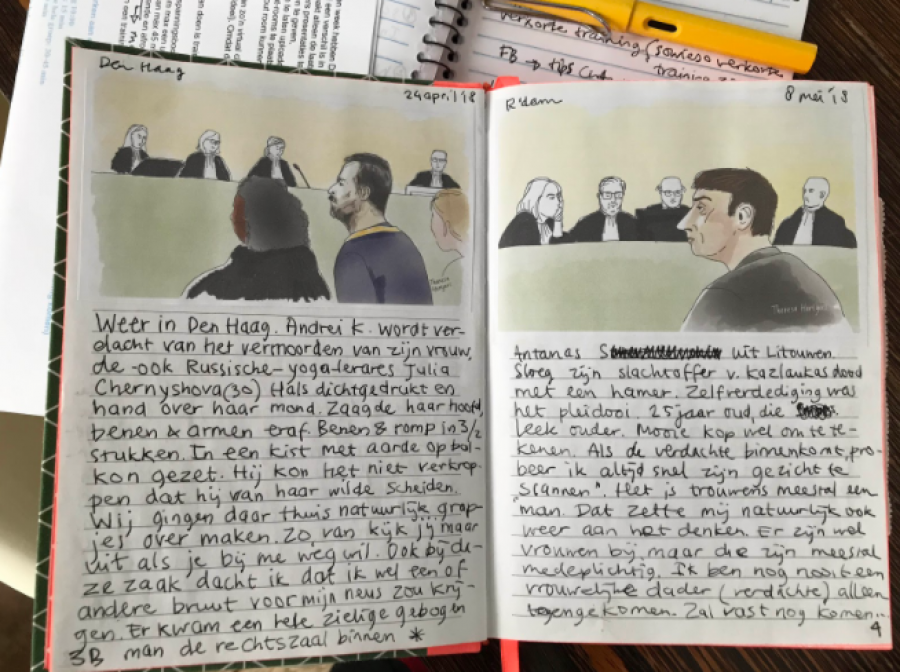 Aantekeningen van rechtbanktekenaar Theresa Hartgers